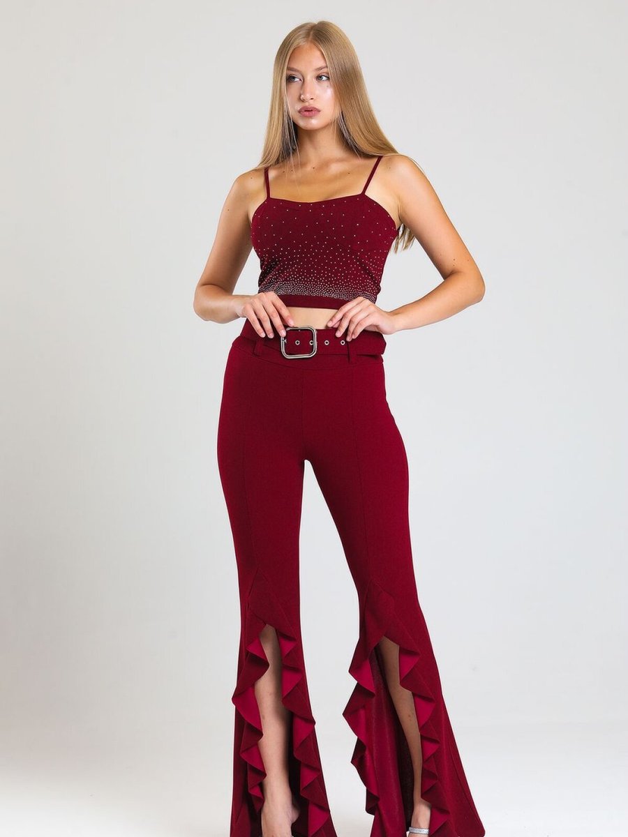 Sense Bordo Kemerli Yandan Volanlu Scuba Krep Pantolon