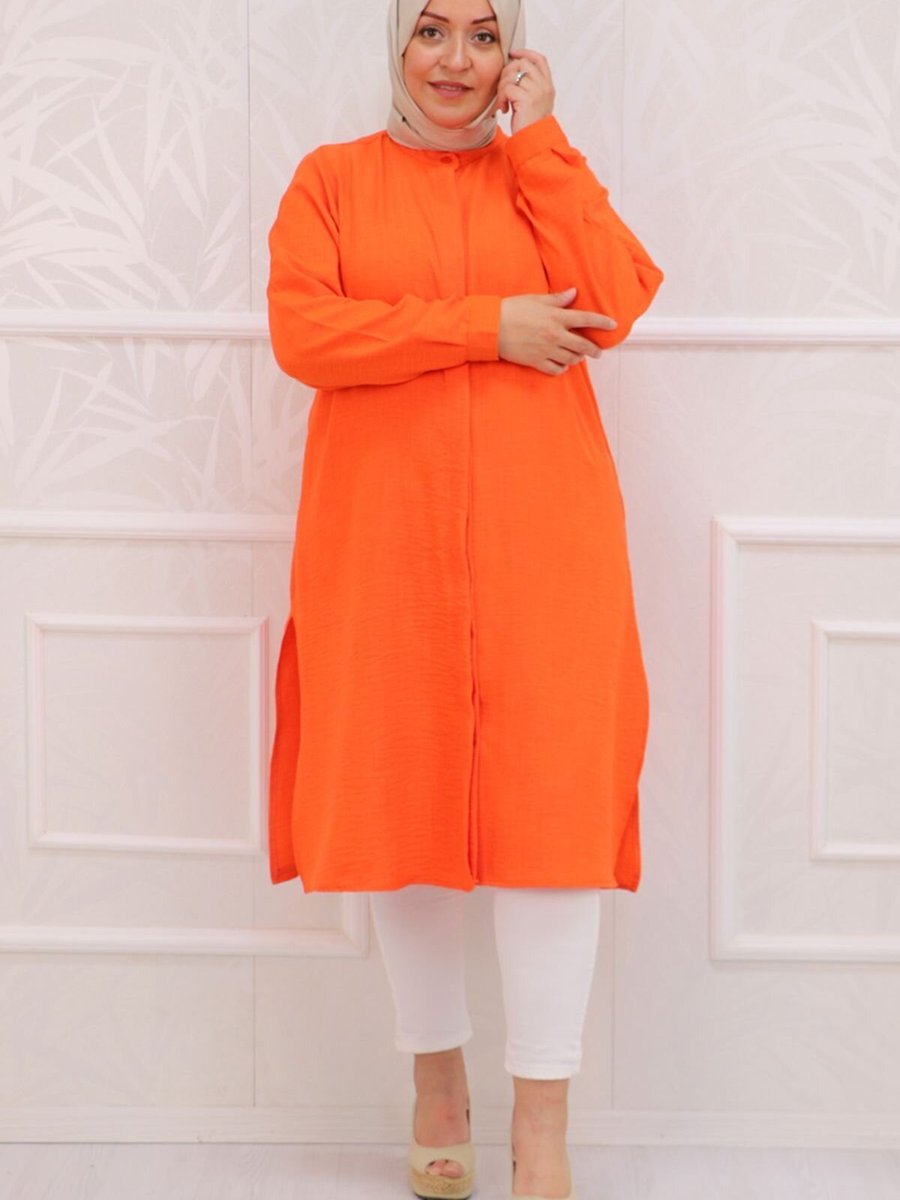 Moda Rosa Oranj Büyük Beden Hakim Yaka Keten Airobin Gömlek