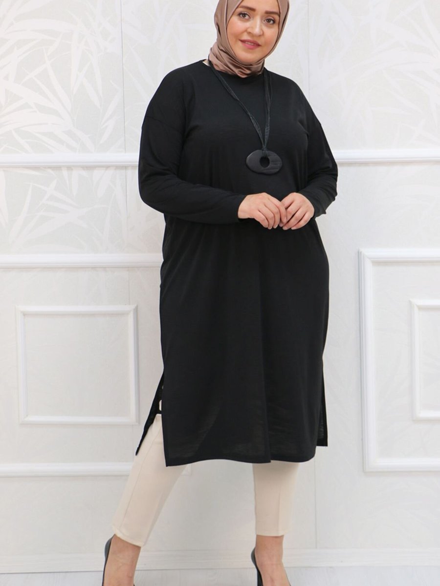 Moda Rosa Siyah Büyük Beden Mina Krep Yırtmaçlı Tunik