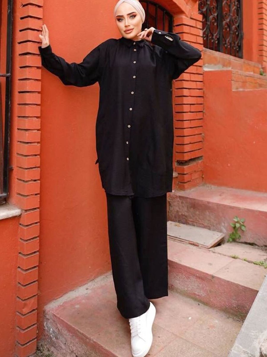 Moda Rosa Siyah Reglan Kol Gömlekli İkili Takım