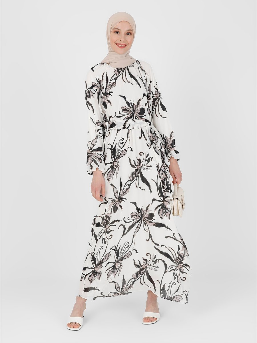 Refka Off White Çiçek Desenli Astarlı Şifon Elbise