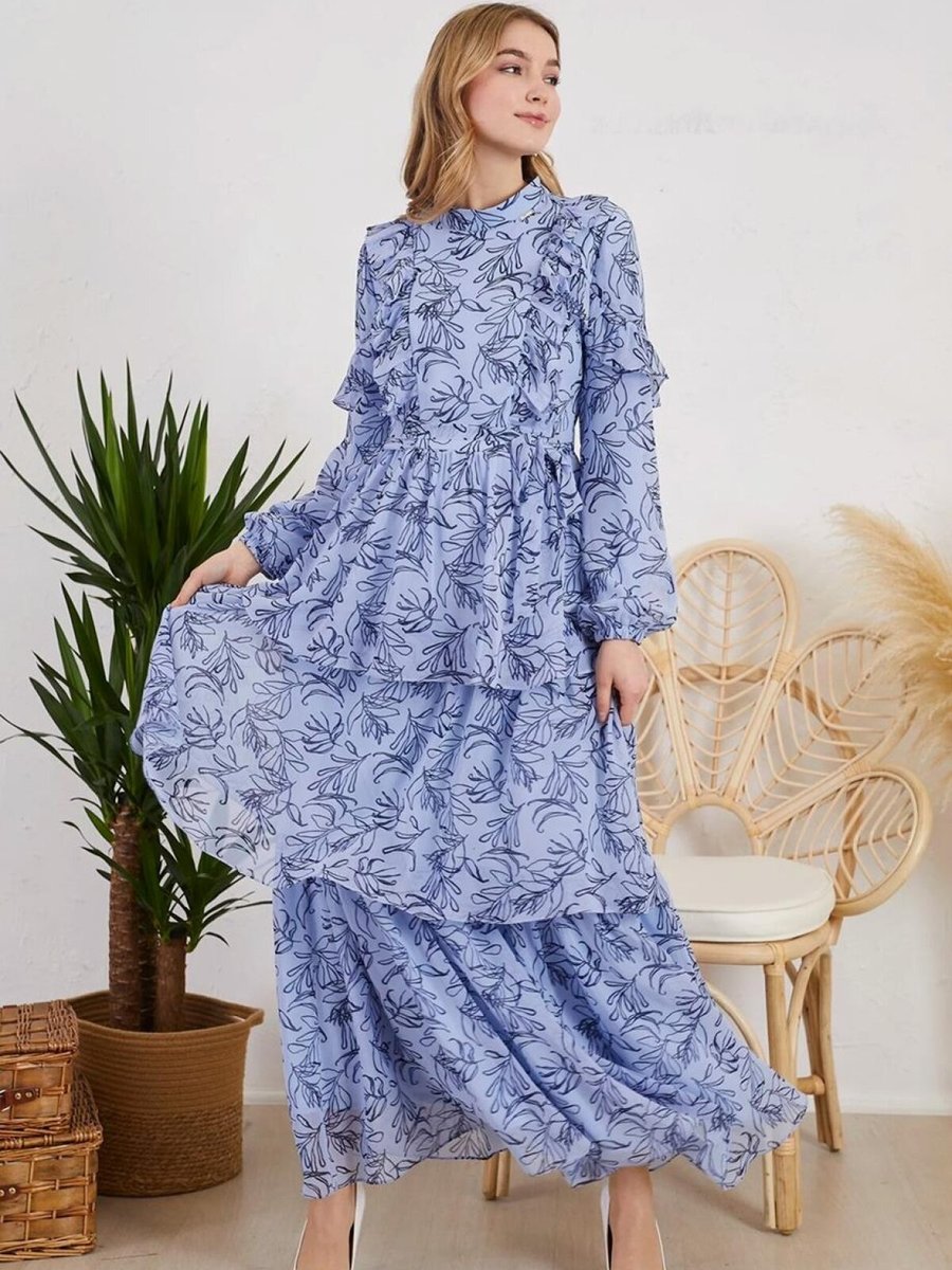 Moodbasic Mavi Desenli Sıfır Yaka Elbise