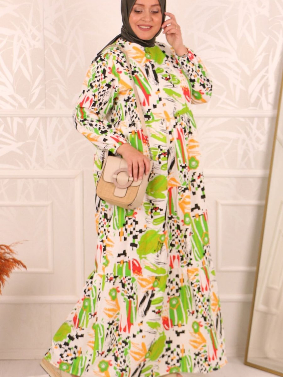 Moda Rosa Hardal Büyük Beden Desenli Keten Elbise