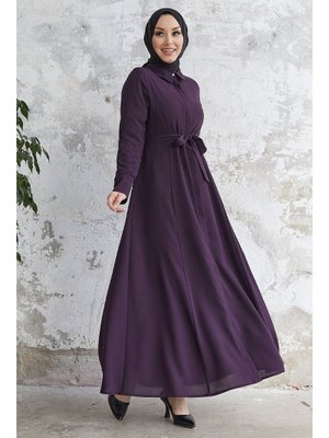 InStyle Mürdüm Emery Kuşaklı Gömlek Yaka Ferace