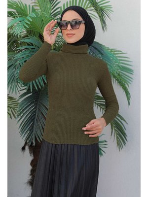 Modapinhan Haki Boğazlı Triko Kazak