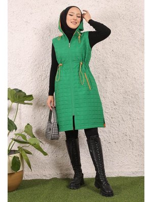 İmaj Butik Yeşil Kapüşonlu Fermuarlı Büzgülü Kapitone Yelek