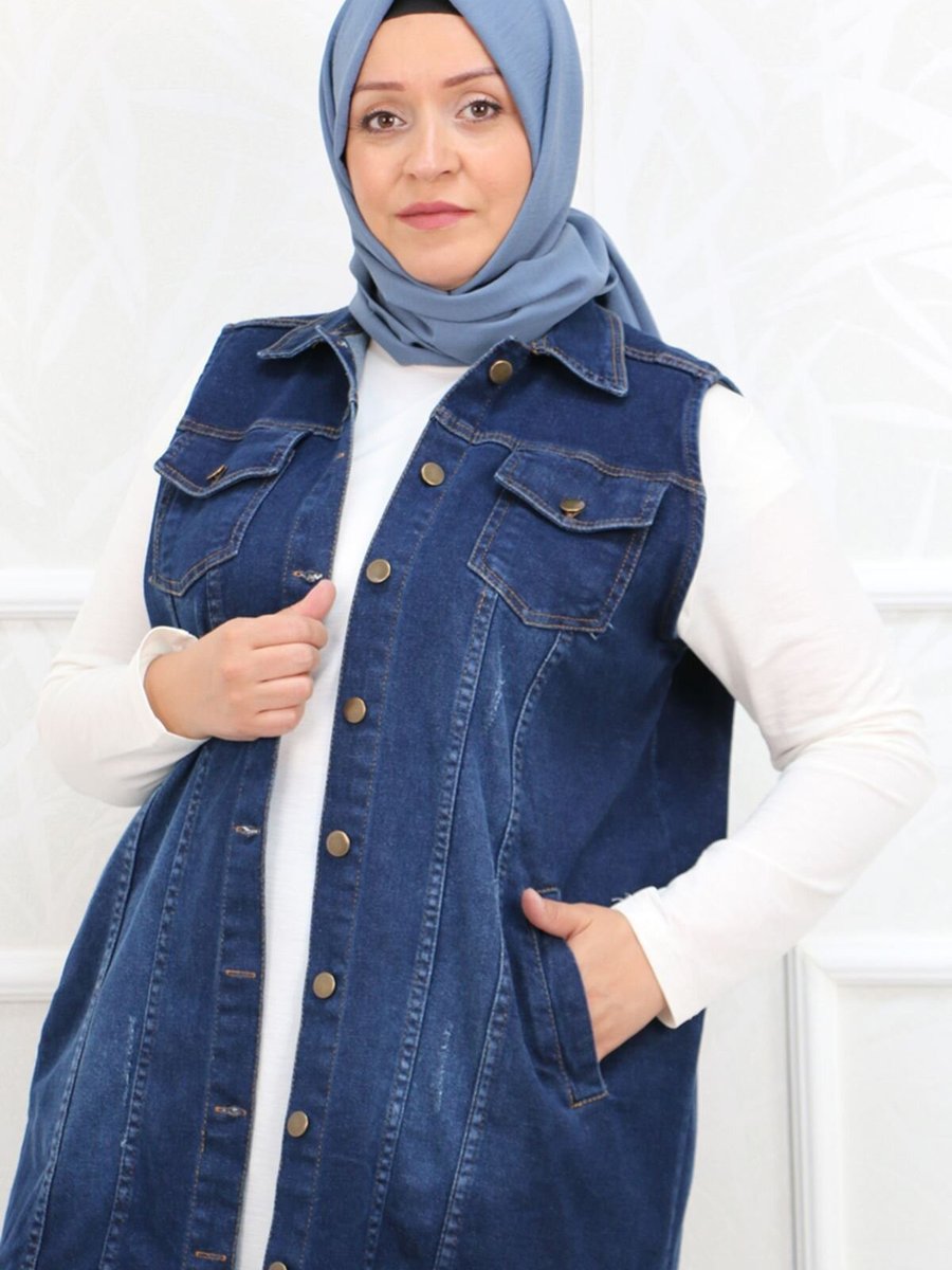 Moda Rosa Koyu Mavi Büyük Beden Taşlı Tırnaklı Püsküllü Kot Yelek