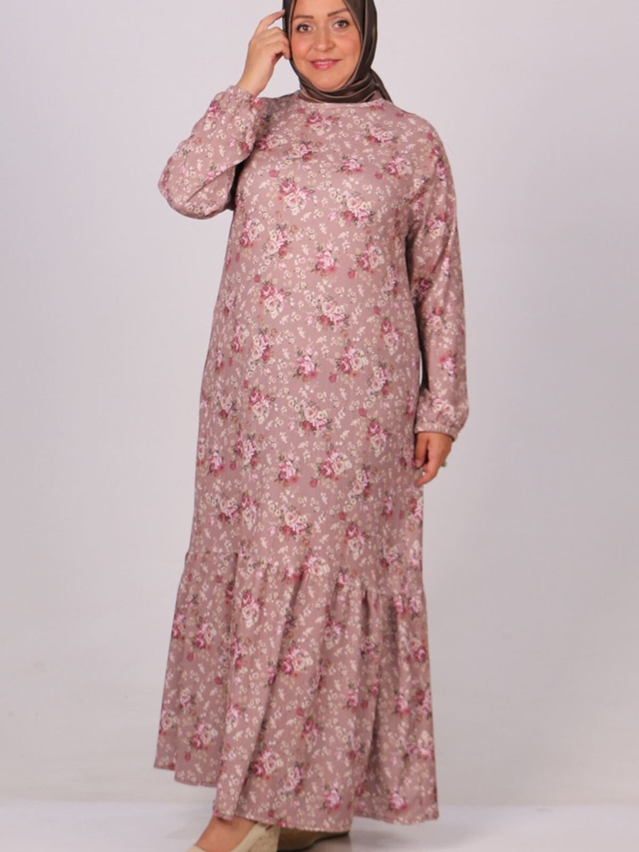 Moda Rosa Çiçek Desen Vizon Büyük Beden Etek Ucu Fırfırlı Bürümcük Elbise