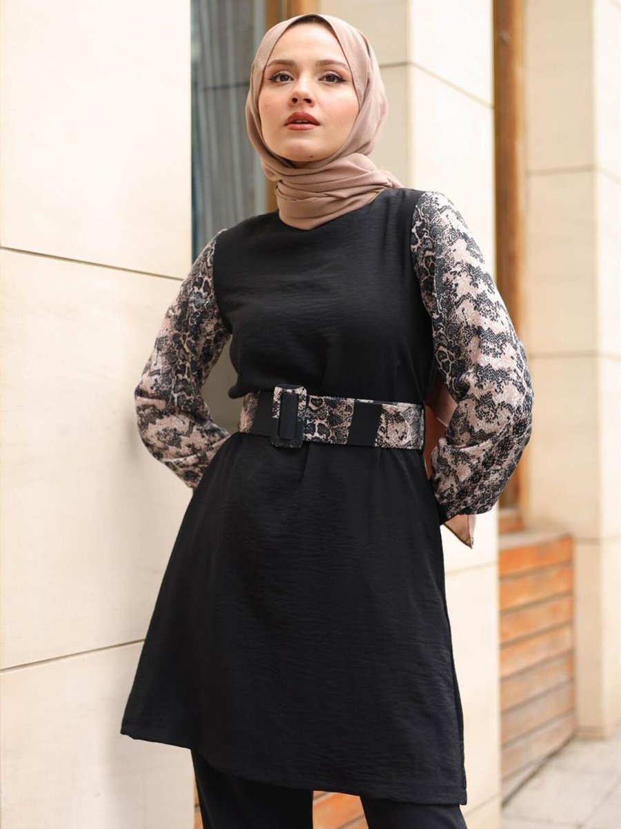 meqlife Siyah Kolları Desenli Kemer Hediyeli Tunik