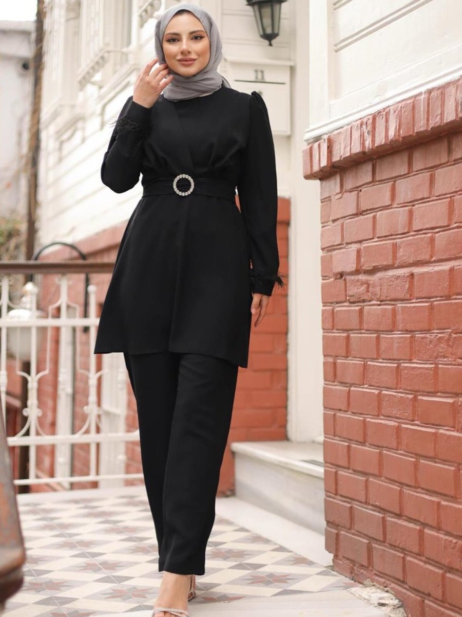 meqlife Siyah Helena Kolları Tül Detaylı Toka Kuşaklı Takım