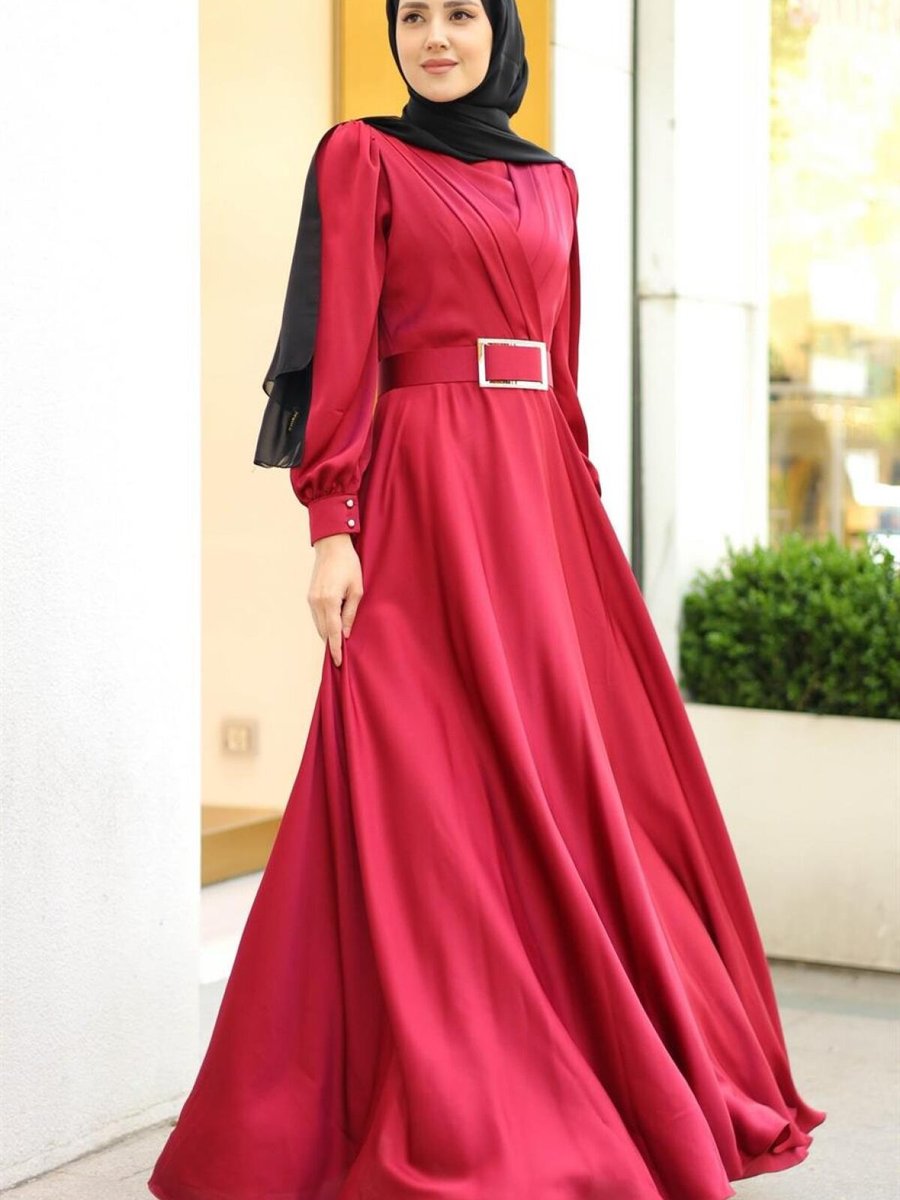 meqlife Bordo Lucia Saten Uzun Kemerli Abiye Elbise