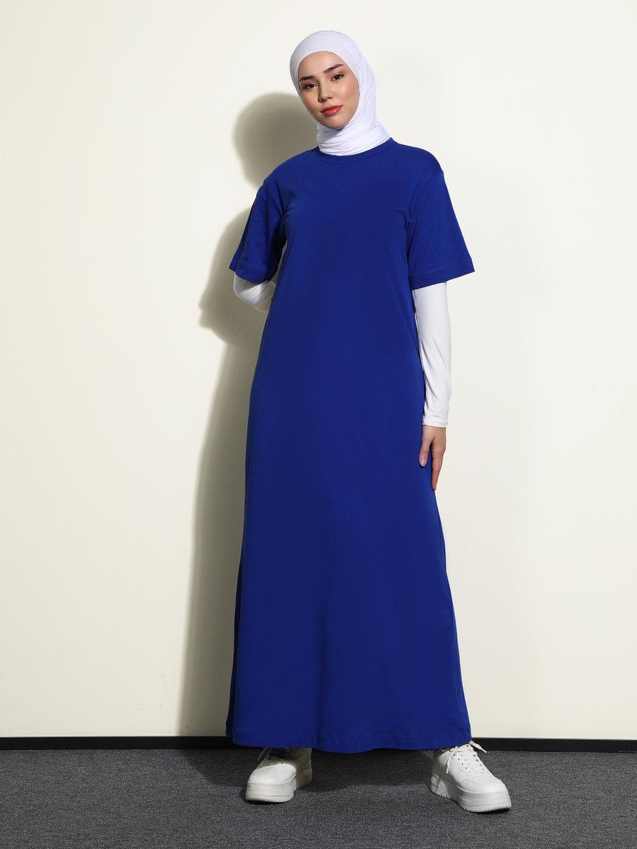 Refka Saks Mavi Doğal Kumaşlı Kısa Kollu Basic Elbise