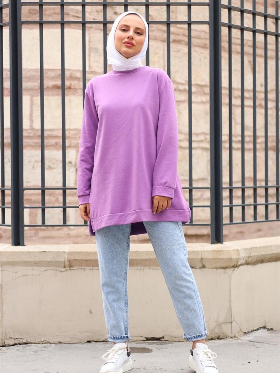 meqlife Lila Yırtmaçlı Yuvarlak Yaka Sweatshirt