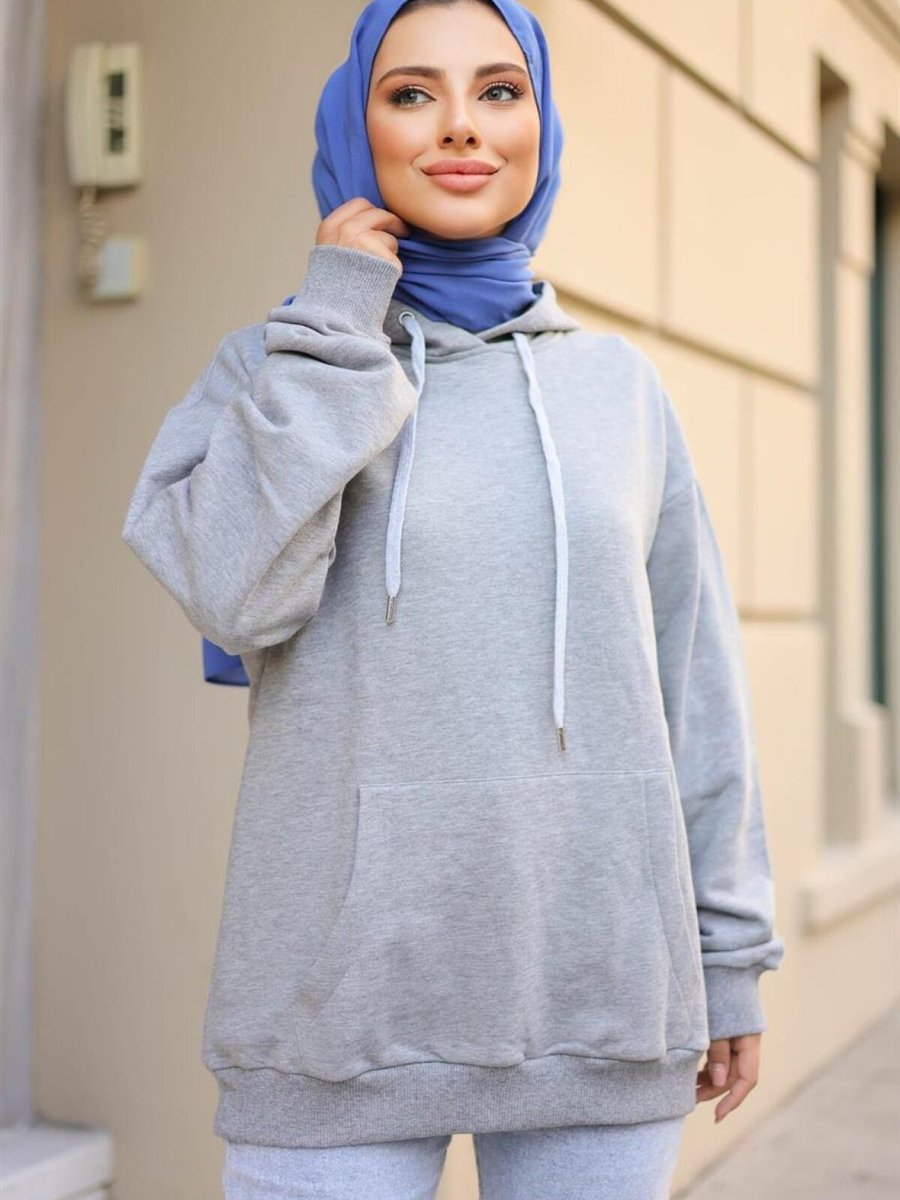 meqlife Gri Cepli Kapüşonlu Sweatshirt