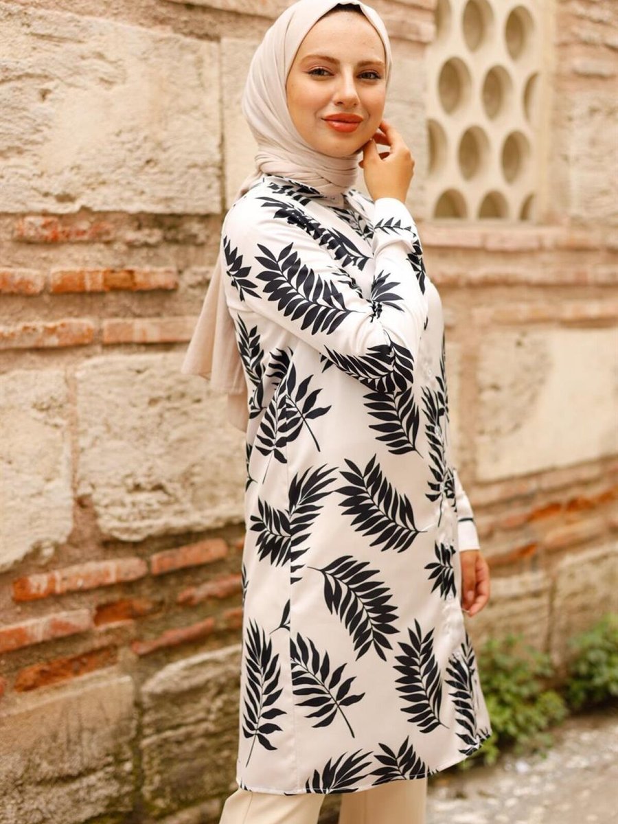 meqlife Siyah Yaprak Desenli Tunik