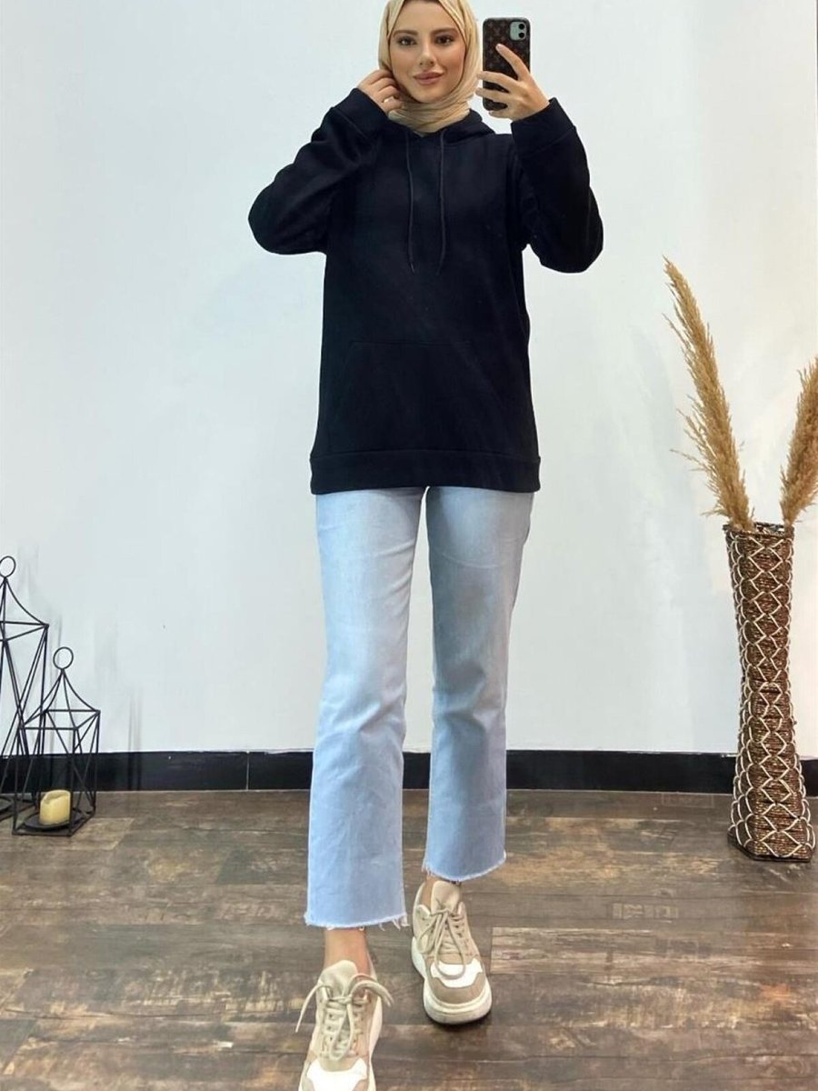 meqlife Siyah Kapüşonlu Kangru Cepli Sweatshirt