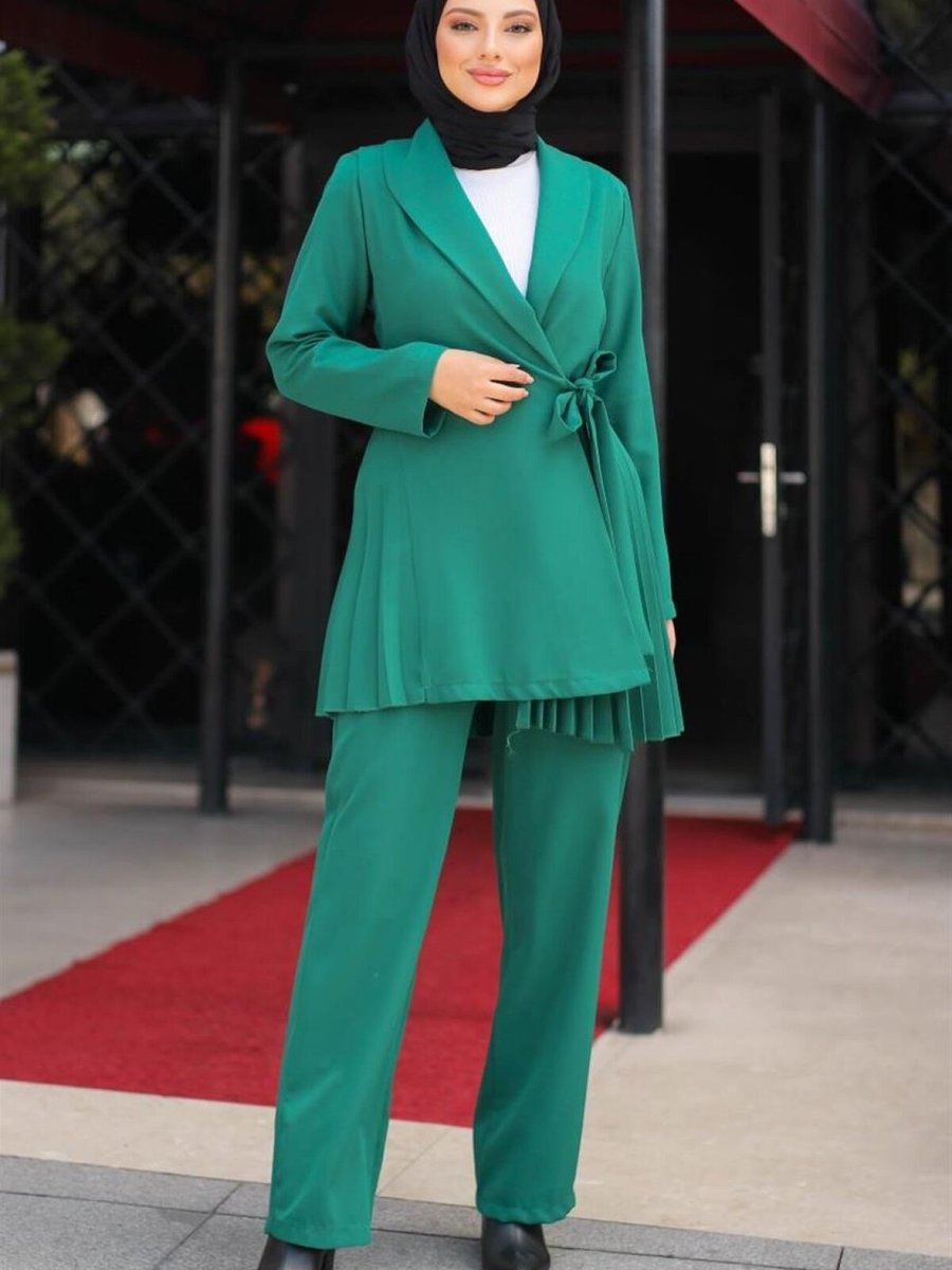 meqlife Yeşil Pilise Detaylı Blazer Ceket Pantolon Takım