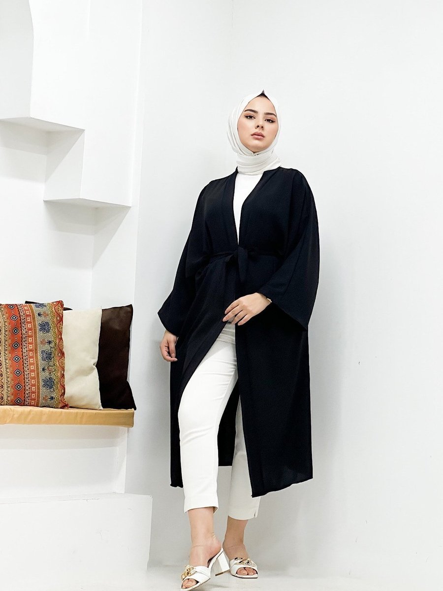 Cng Moda Siyah Kuşaklı Aerobin Geniş Kollu Oversize Uzun Kimono