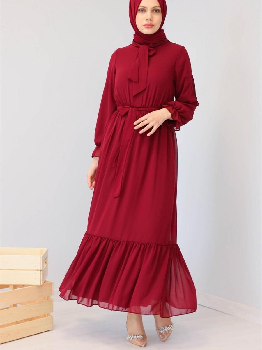 meqlife Bordo Fularlı Elbise