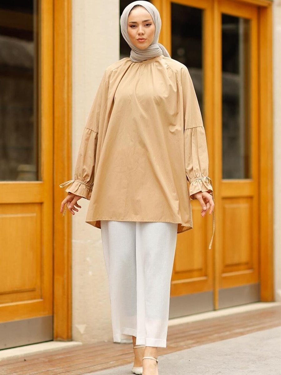 meqlife Camel Bilekleri Büzgülü Tunik