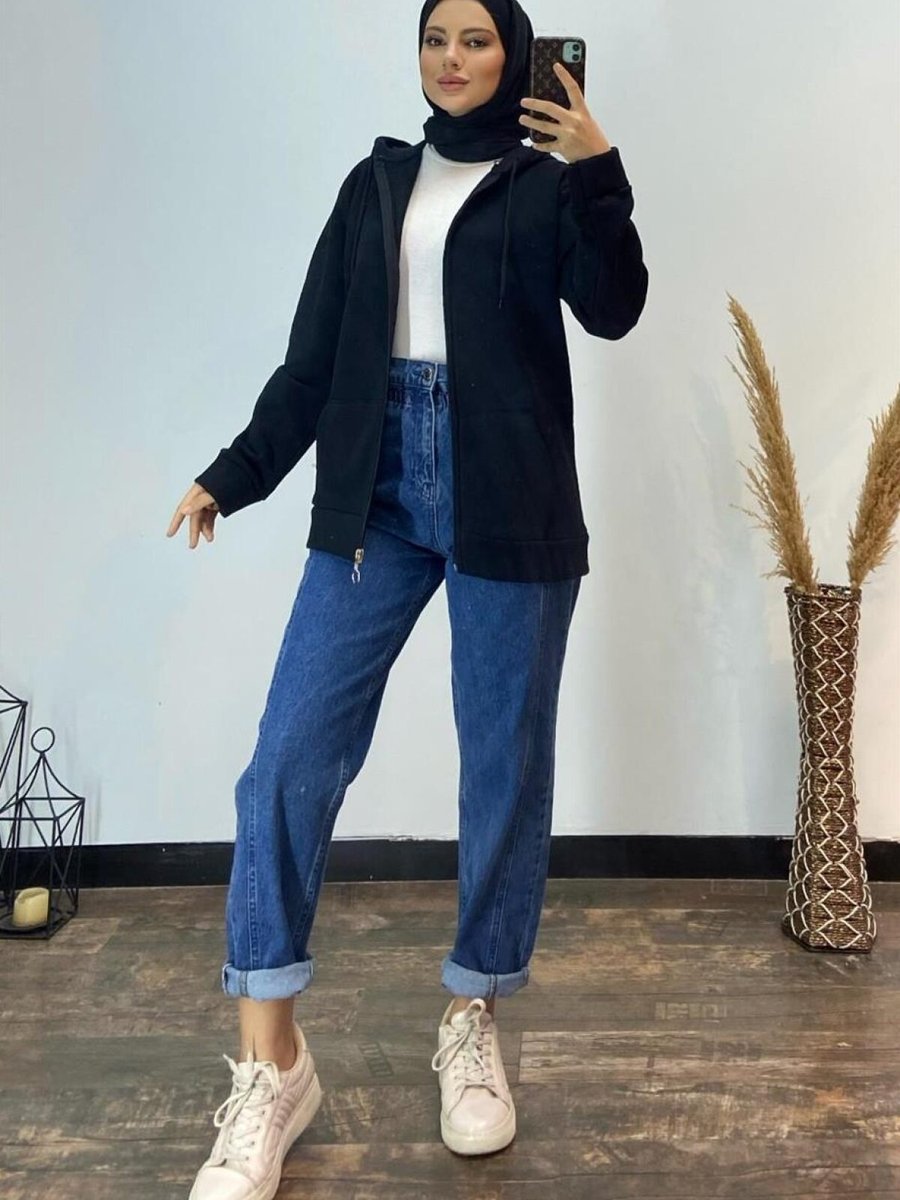 meqlife Siyah Fermuarlı Kapüşonlu Sweatshirt