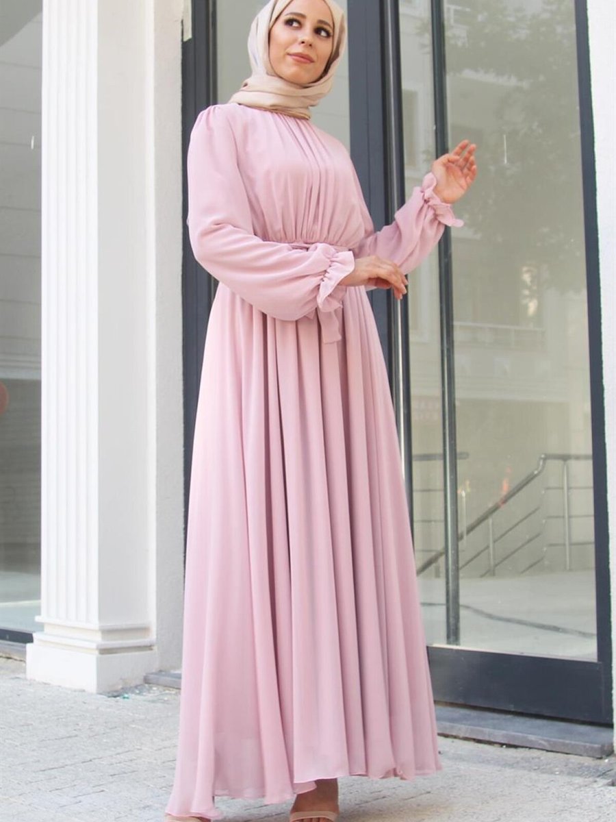 meqlife Pembe Şifon Kumaş Astarlı Abiye Elbise