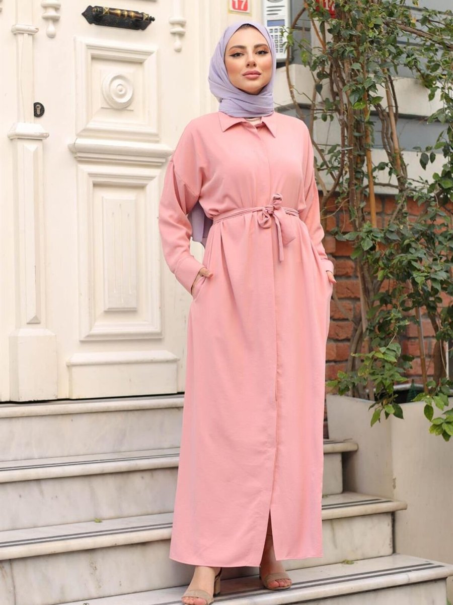 meqlife Pembe Linda Sivri Yaka Cepli Manşetli Ferace