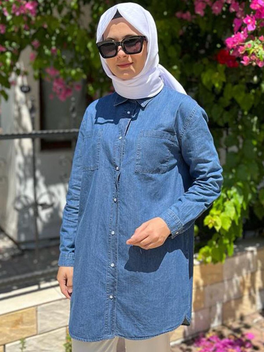 Moda Rosa Koyu Mavi Çıtçıtlı Tensel Kot Gömlek