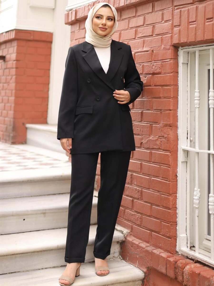 meqlife Siyah Laura Kruvaze Yaka Blazer Ceket Pantolon Takım