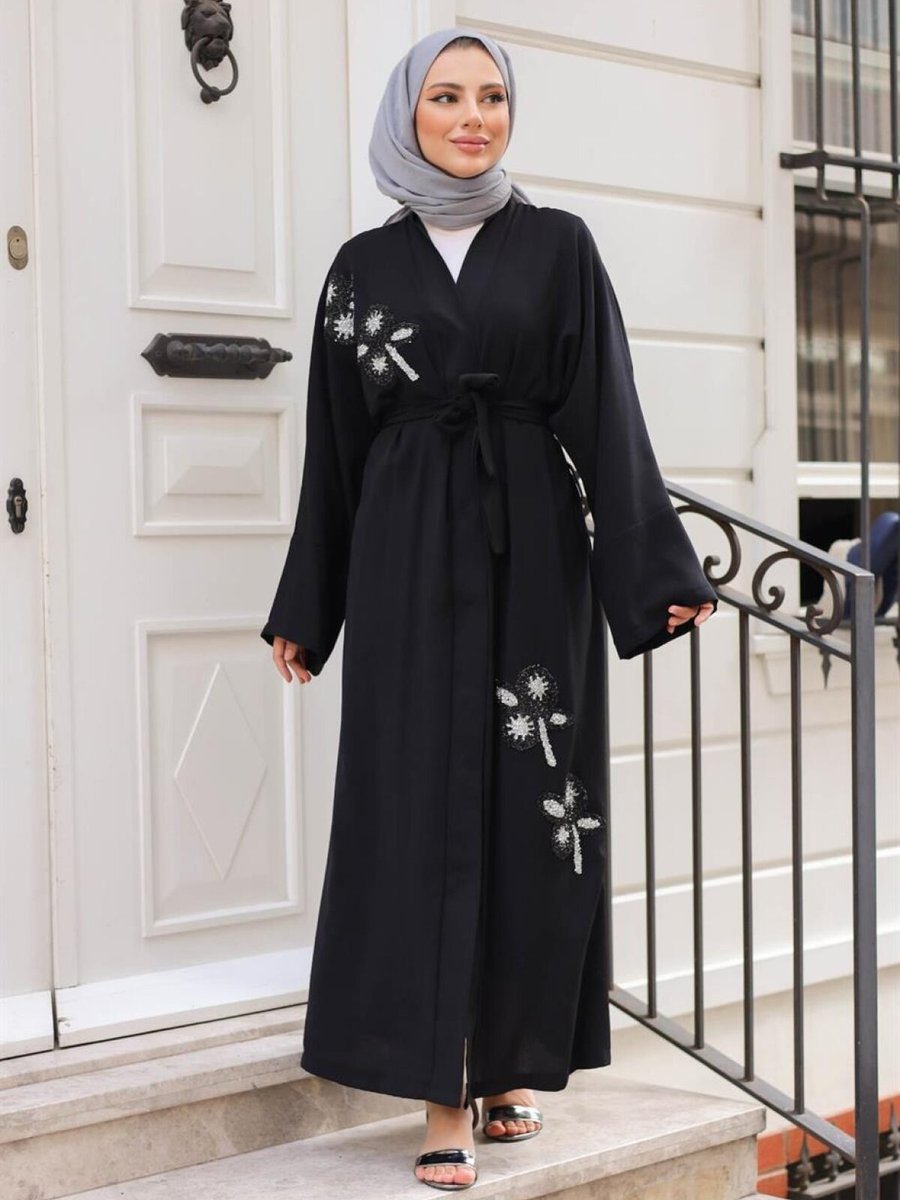 meqlife Siyah Kelebek İşlemeli Abaya