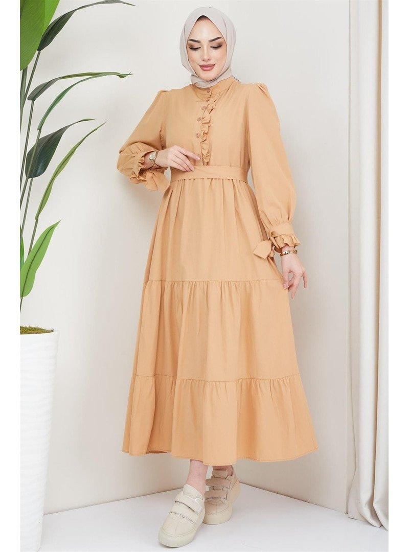 Hafsa Mina Camel Önü Fırfırlı Kolu Bağlamalı Elbise