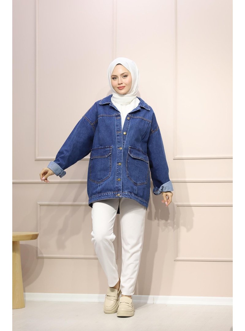 Lurex Moda Kot Mavi Pileli Oversize Ceket