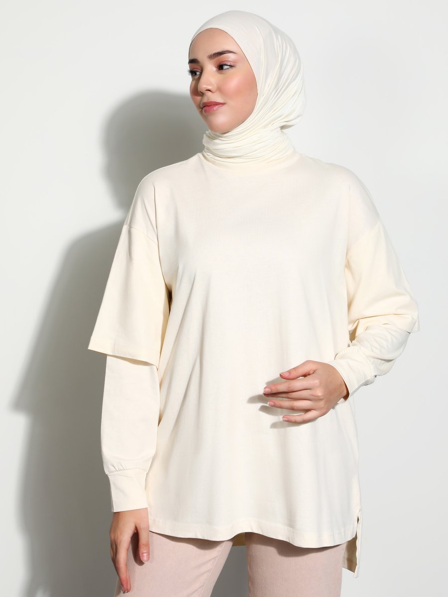 Refka Off White Doğal Kumaşlı Kendinden Kol Detaylı Basic Tunik