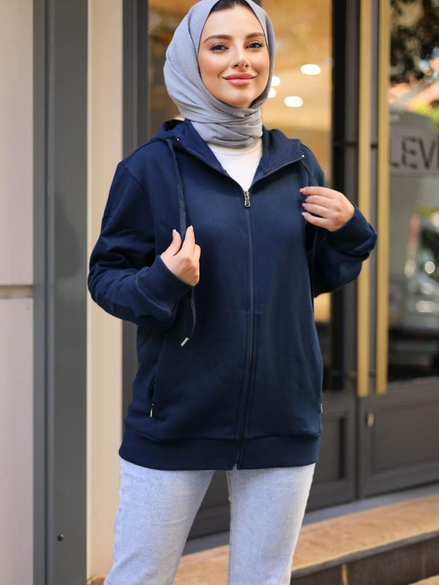 meqlife Lacivert Kapüşonlu Fermuarlı Sweatshirt