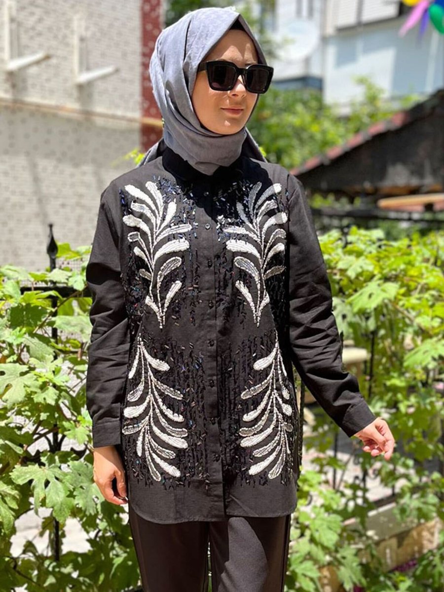 Moda Rosa Siyah Yaprak Nakışlı Oversıze Gömlek