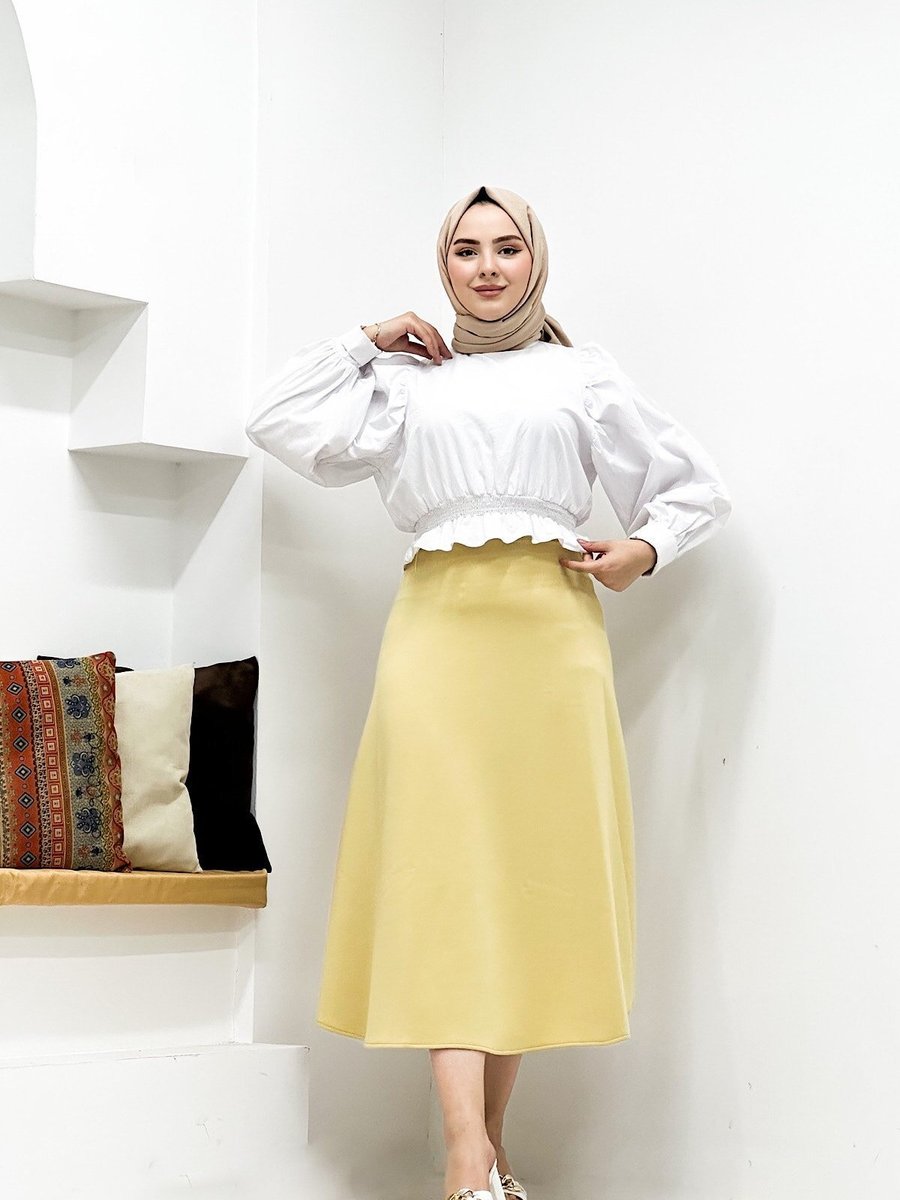 Cng Moda Sarı Fermuarlı Scuba Uzun Etek