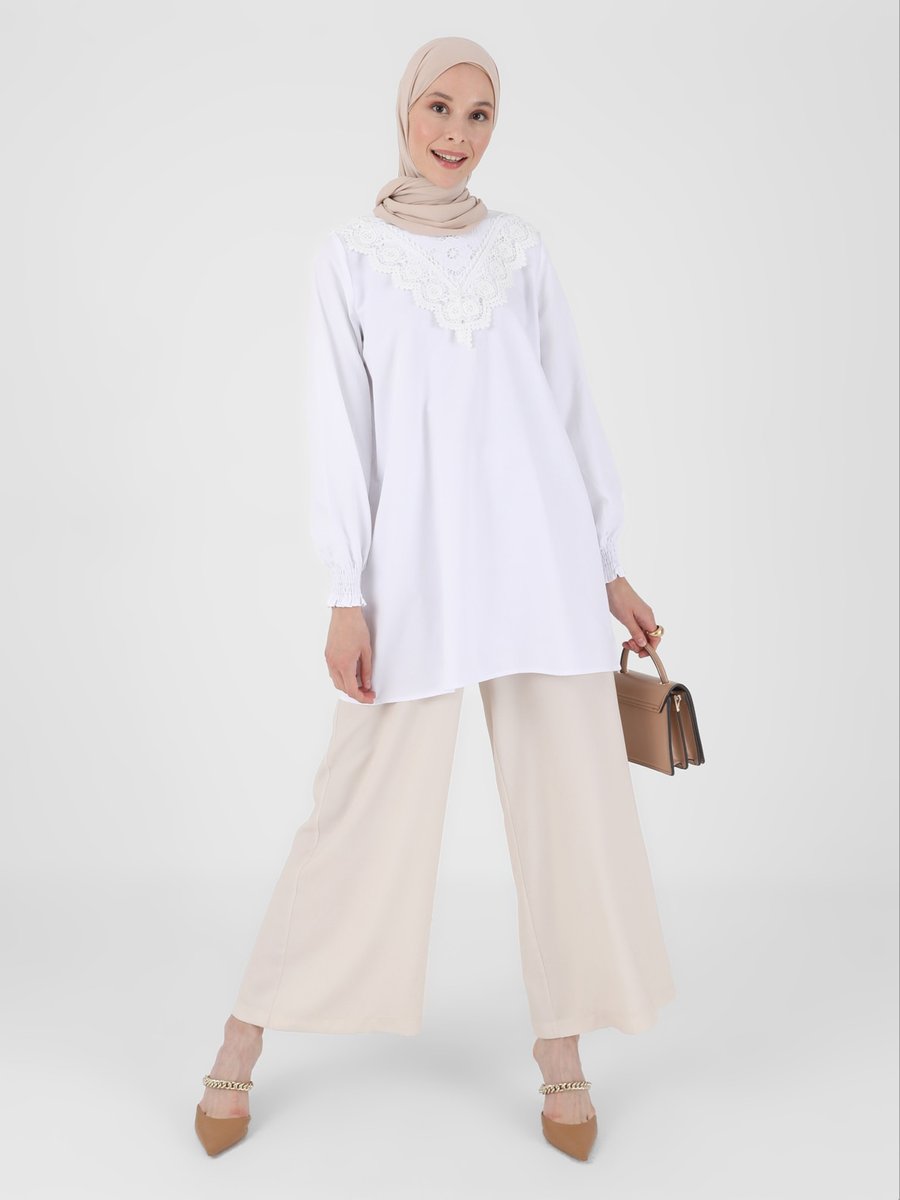 Refka Off White Yakası Dantel Detaylı Poplin Tunik