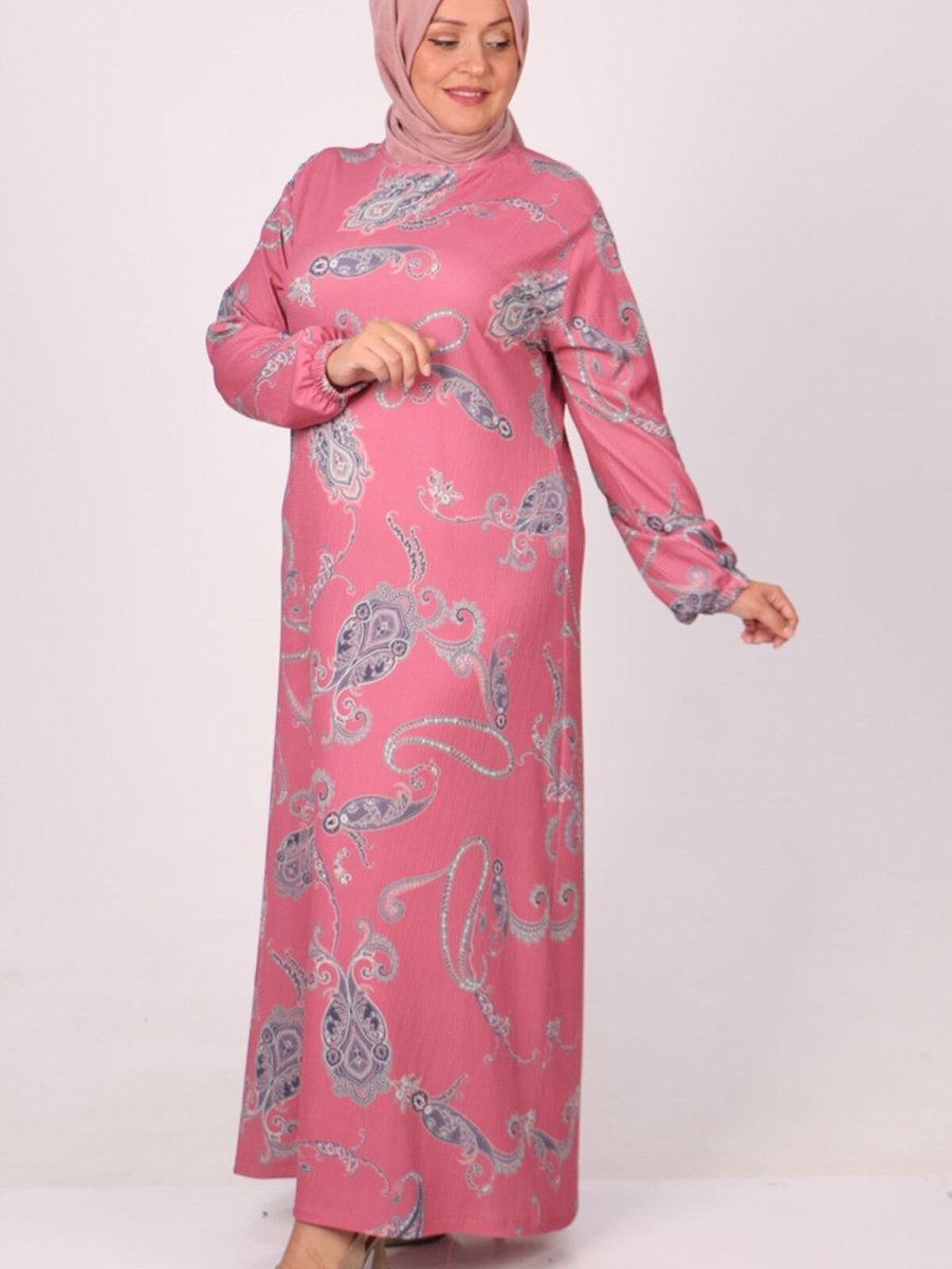 Moda Rosa Etnik Desen Pembe Büyük Beden Bürümcük Elbise