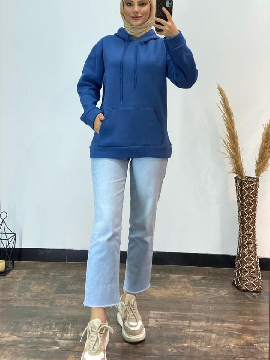 meqlife Mavi Kapüşonlu Kangru Cepli Sweatshirt