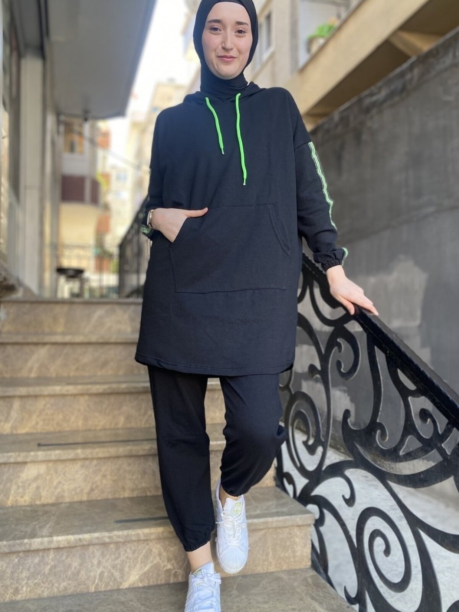 Cng Moda Siyah Yeşil Oversize Model Eşofman Takım