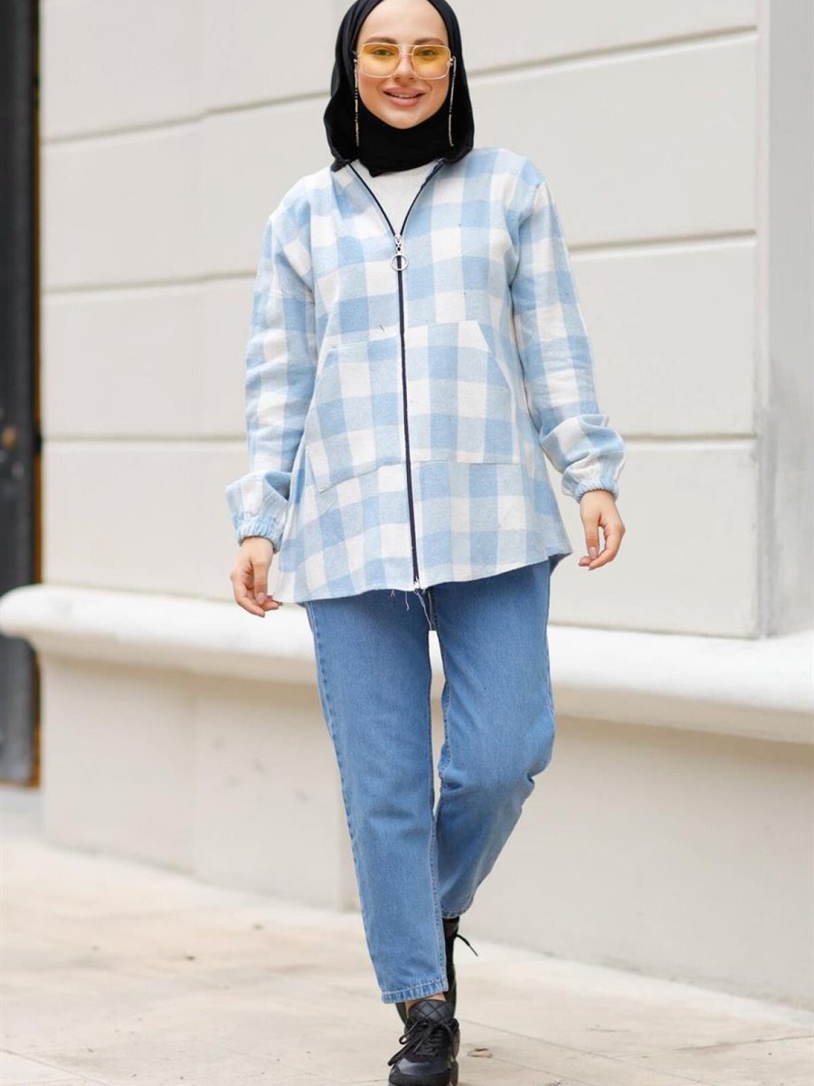 meqlife Mavi Kapüşonlu Oduncu Polar Sweatshirt