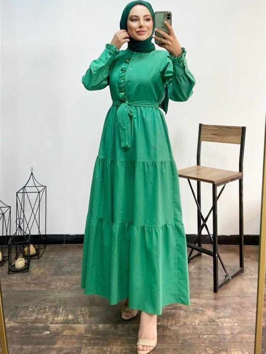 meqlife Yeşil Aisha Kat Ve Fırfır Detaylı Elbise