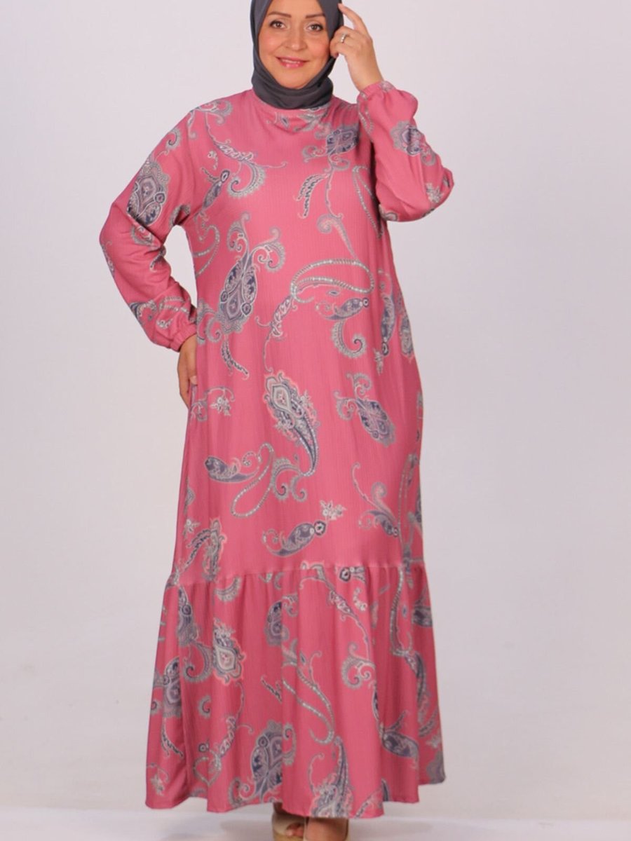Moda Rosa Etnik Desen Pembe Büyük Beden Etek Ucu Fırfırlı Bürümcük Elbise