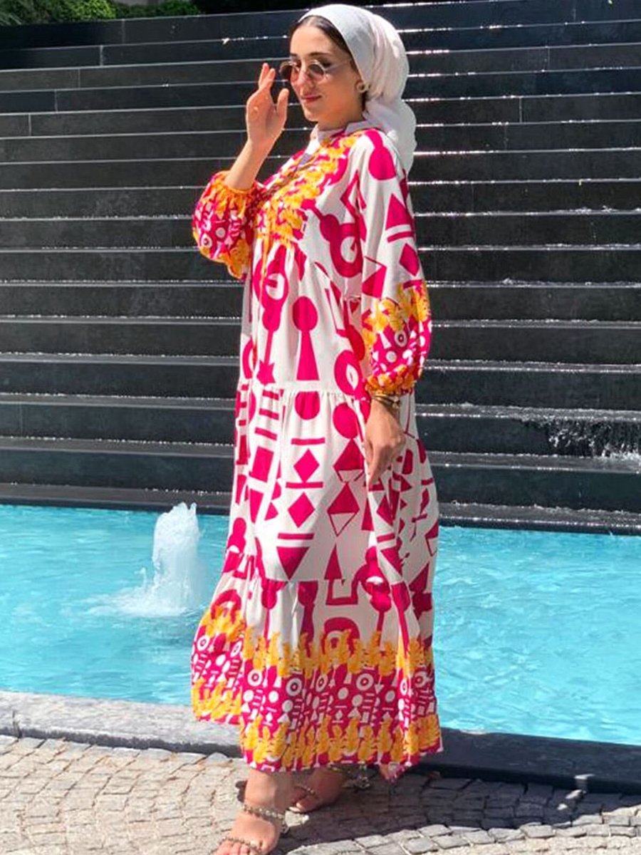 Moda Rosa Ekru/fuşya Begonvil Viskon Elbise