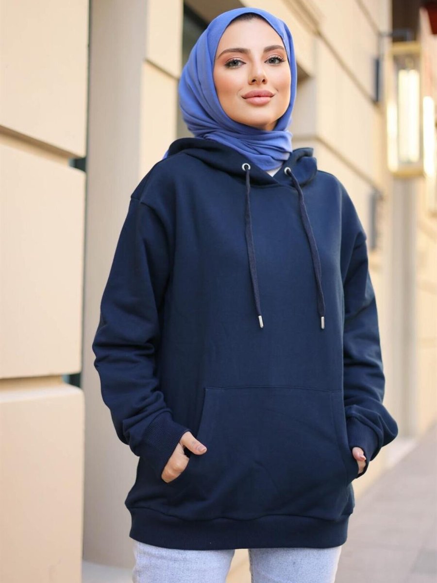 meqlife Lacivert Cepli Kapüşonlu Sweatshirt