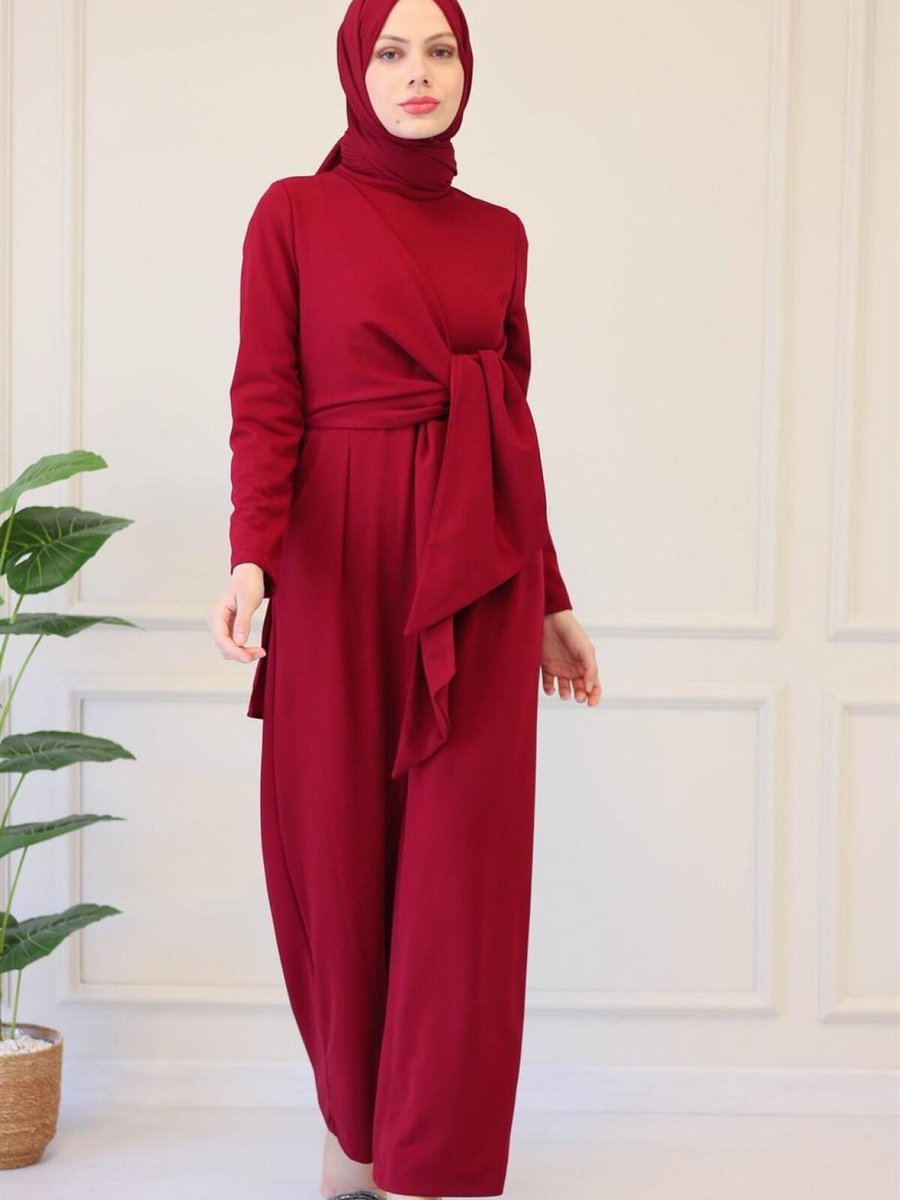 meqlife Bordo Kuşak Detaylı Krep Kumaş Tulum