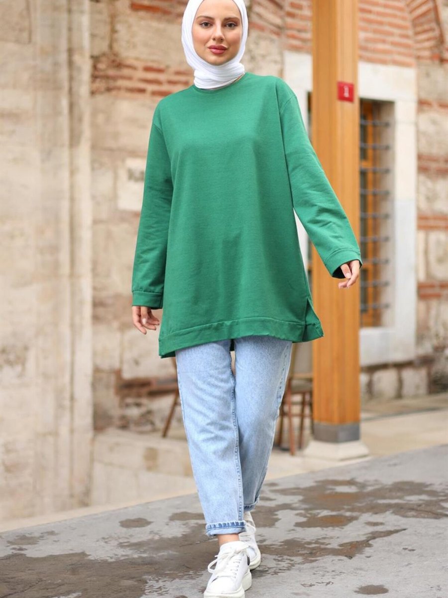 meqlife Yeşil Yırtmaçlı Yuvarlak Yaka Sweatshirt
