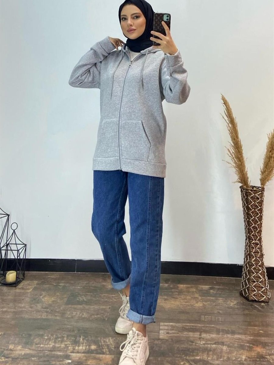 meqlife Gri Fermuarlı Kapüşonlu Sweatshirt