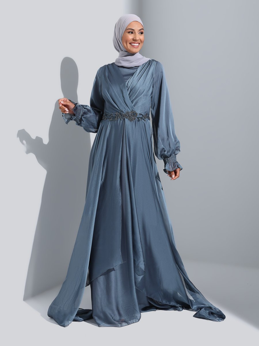 Refka Derin Mavi Beli Boncuk Detaylı Tüllü Abiye Elbise