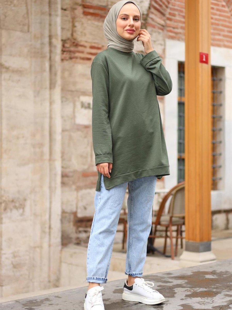 meqlife Haki Yırtmaçlı Yuvarlak Yaka Sweatshirt